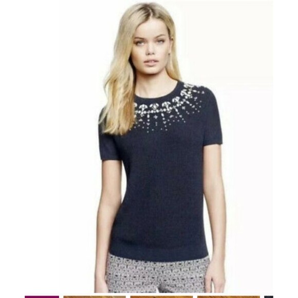 Tori Burch Women's Navy Embellished Short Sleeve Stretchy Sweater Top Sz L - Picture 1 of 13